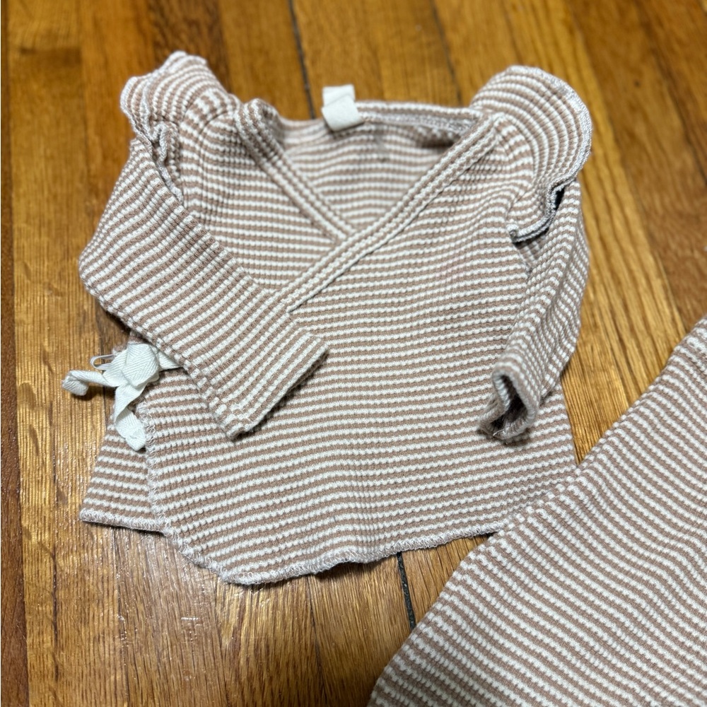 Striped Knit Wrap Top in Beige and White